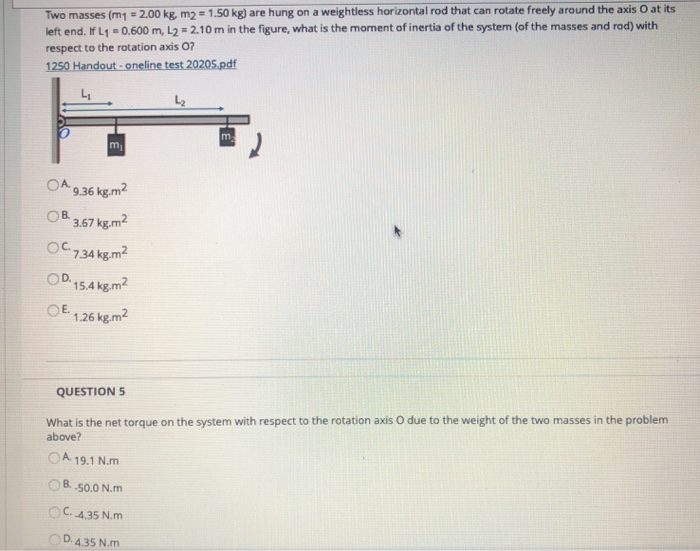 Solved Two masses (my - 2.00 kg m2 -1.50 kg) are hung on a | Chegg.com