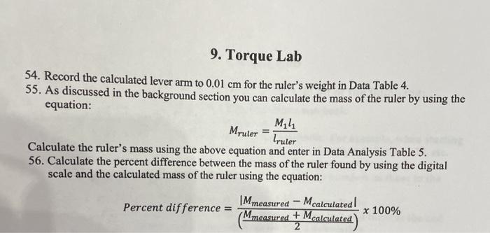 Solved 9. TORQUE LAB Procedure IV Data Table 4 Ruler Center | Chegg.com