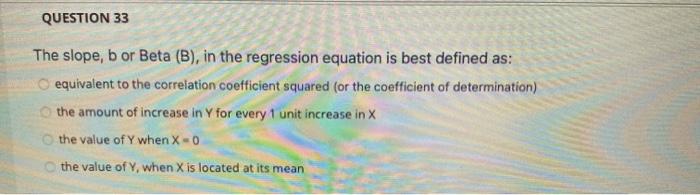 Solved QUESTION 33 The slope, b or Beta (B), in the | Chegg.com