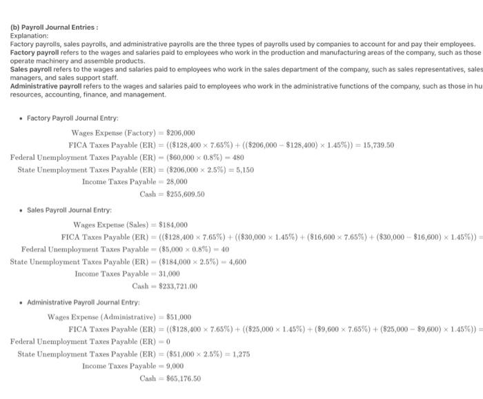 Solved (b) Payroll Journal Entries Explanation Factory