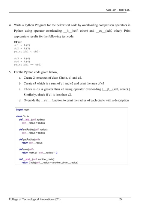 Solved SWE 321 - OOP Lab. 4. Write a Python Program for the | Chegg.com