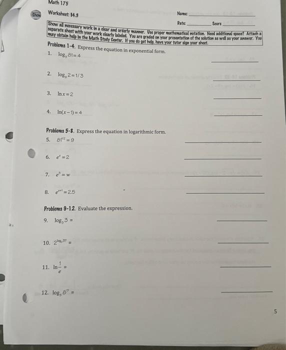 Solved Math 175 Name: Worksheet: $4.1 Score Pate Show all | Chegg.com