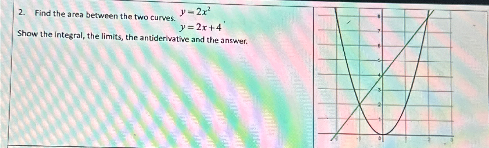Solved Find the area between the two curves. y=2x2Show the | Chegg.com