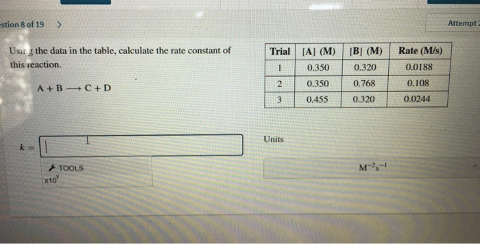Solved estion 8 of 19 > Attempt Rate (M/s) Using the data in | Chegg.com
