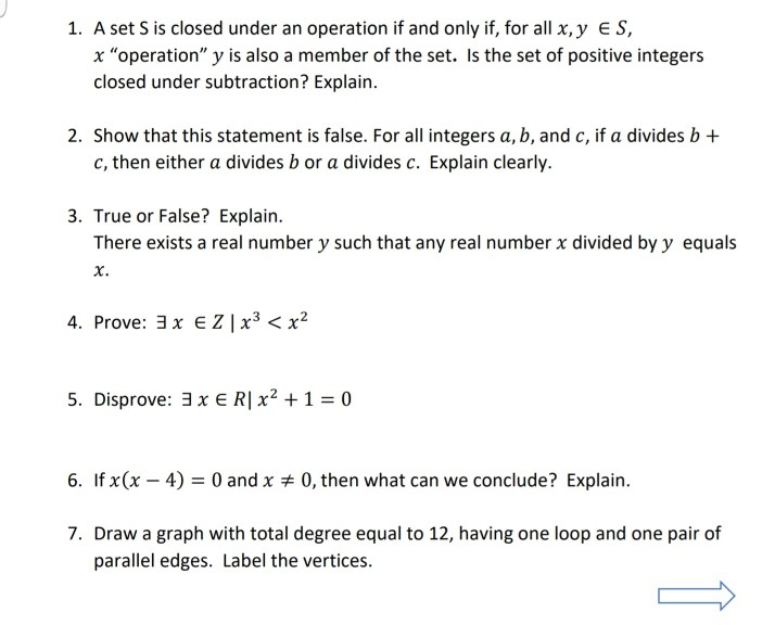 Solved 1. A set S is closed under an operation if and only Chegg