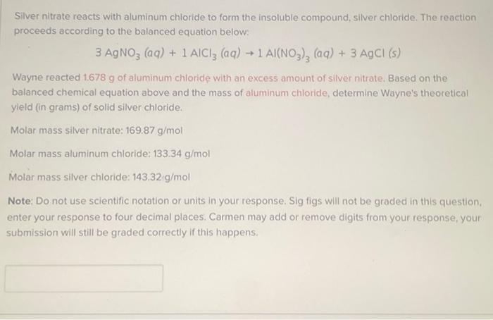 Solved Silver Nitrate Reacts With Aluminum Chloride To Form 8642