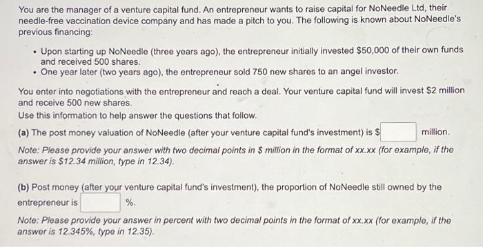 Solved You are the manager of a venture capital fund. An | Chegg.com