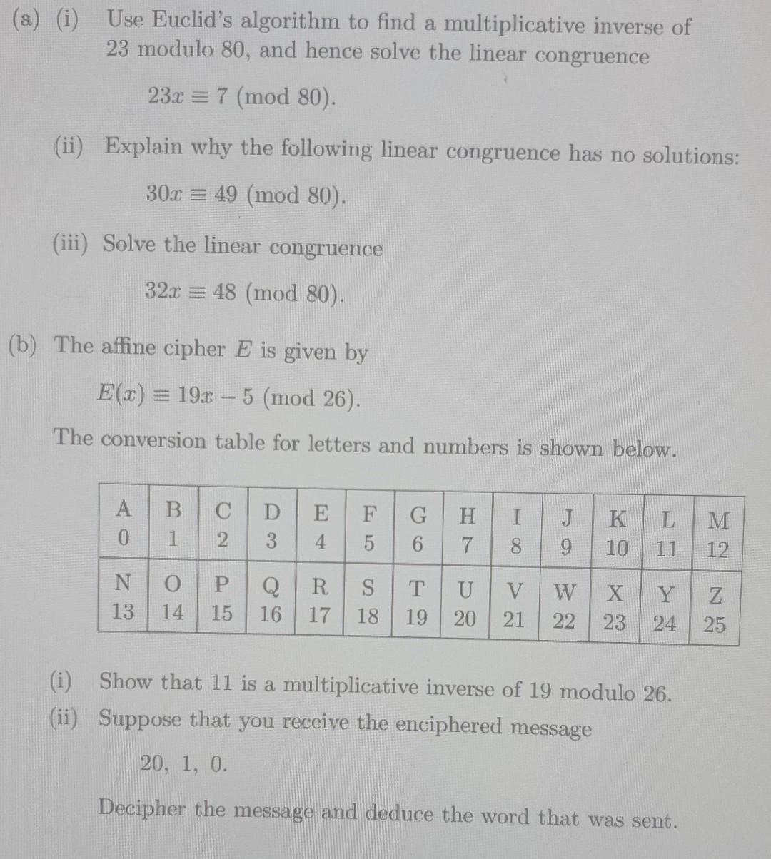 Solved (a) (i) Use Euclid's algorithm to find a | Chegg.com
