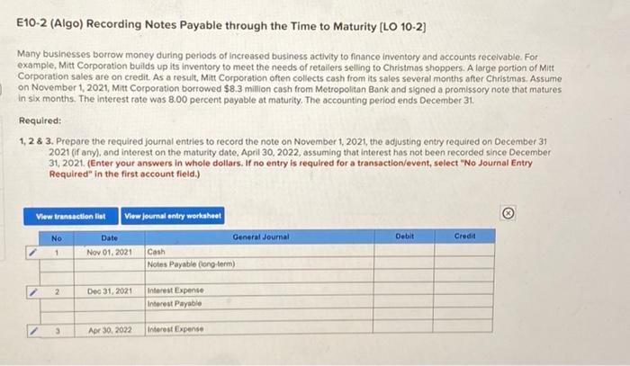 Solved E10-2 (Algo) Recording Notes Payable through the Time | Chegg.com