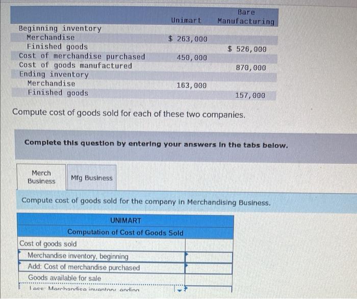 Solved Bare Manufacturing Unimart 263,000 526,000