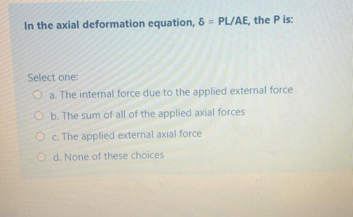 Solved In The Axial Deformation Equation 8 Pl Ae The Chegg Com