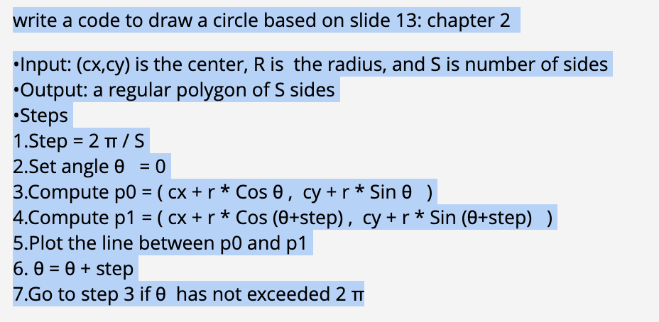 Solved write a code to draw a circle based on slide 13: | Chegg.com