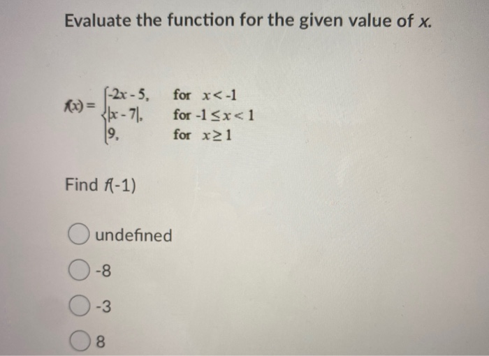 Solved Evaluate the function for the given value of x. | Chegg.com