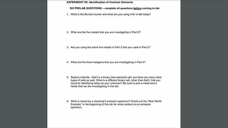EXPERIMENT #5: Identification of Common Elements SIX | Chegg.com