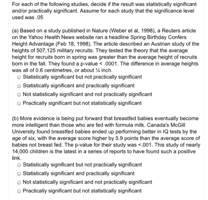 Solved For each of the following studies, decide if the | Chegg.com