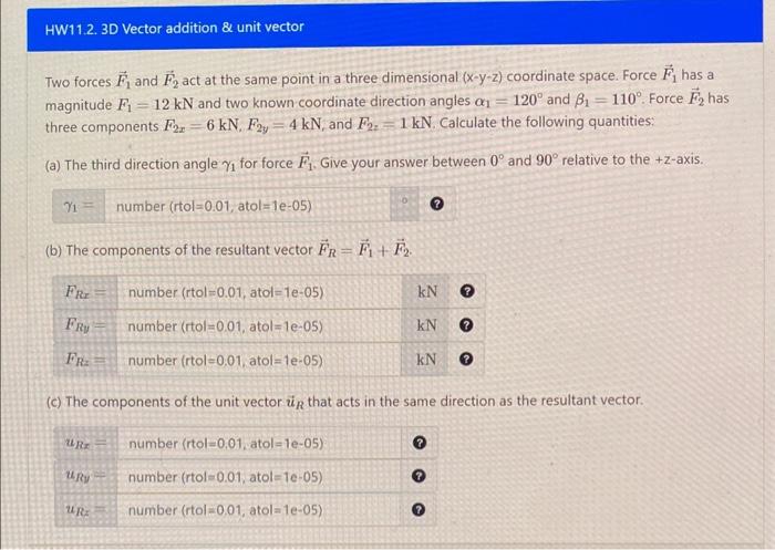 Solved Two forces F1 and F2 act at the same point in a three | Chegg.com