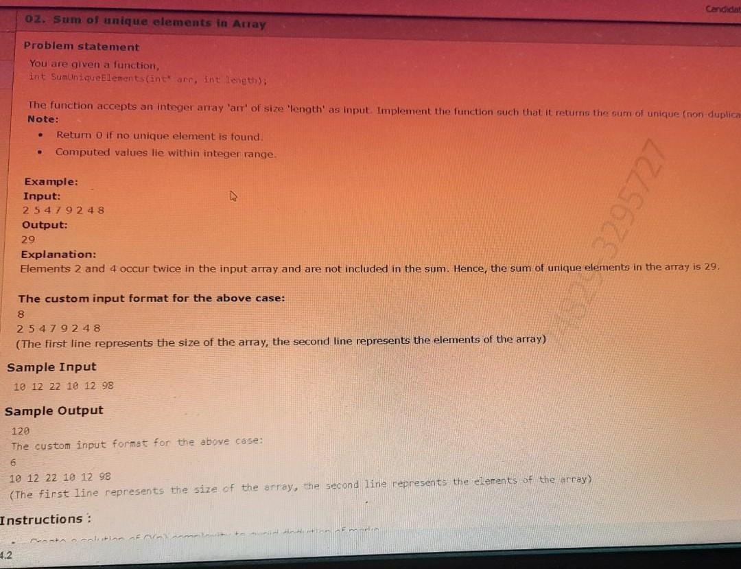 Solved Candida 02. Sum of unique elements in Auray Problem | Chegg.com
