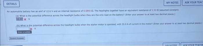 Solved An dutomoble battery has an emf of 12.6 V and an | Chegg.com