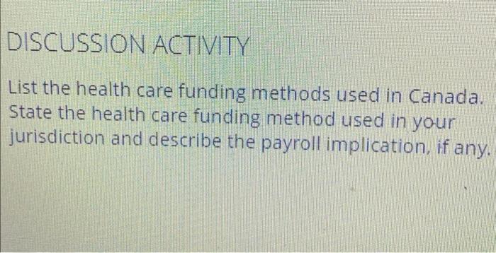 Solved DISCUSSION ACTIVITY List The Health Care Funding | Chegg.com