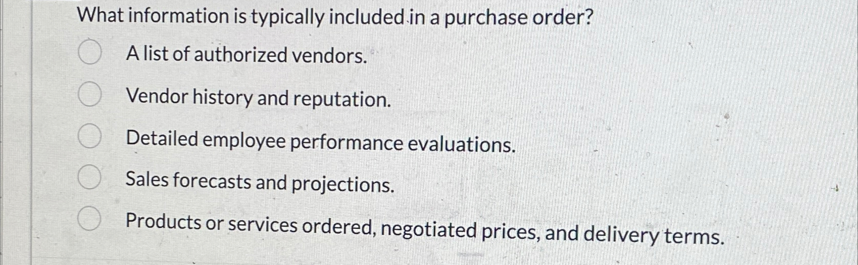 Solved What information is typically included in a purchase | Chegg.com