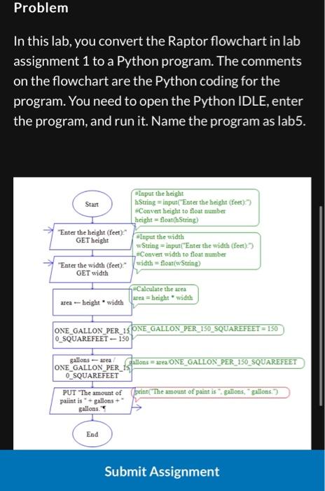 Problem
In this lab, you convert the Raptor flowchart in lab assignment 1 to a Python program. The comments on the flowchart 