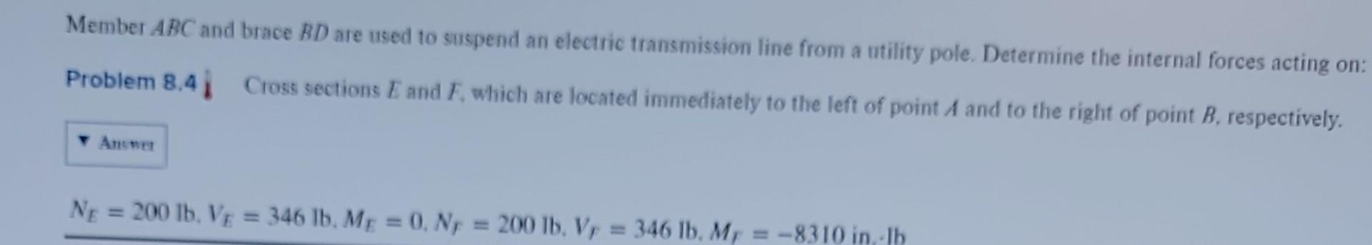 Member \( A B C \) and brace \( B D \) are used to suspend an electric transmission line from a utility pole. Determine the i