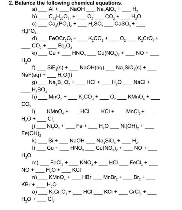 Solved 2. Balance the following chemical equations. a) __ | Chegg.com