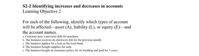 Solved S2-2 Identifying increases and decreases in accounts | Chegg.com