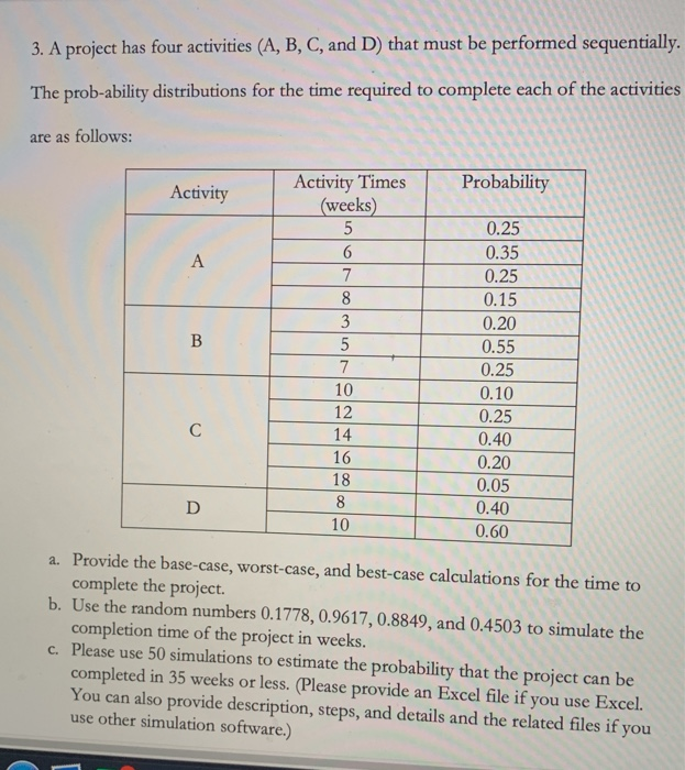 Solved 3. A project has four activities (A, B, C, and D) | Chegg.com