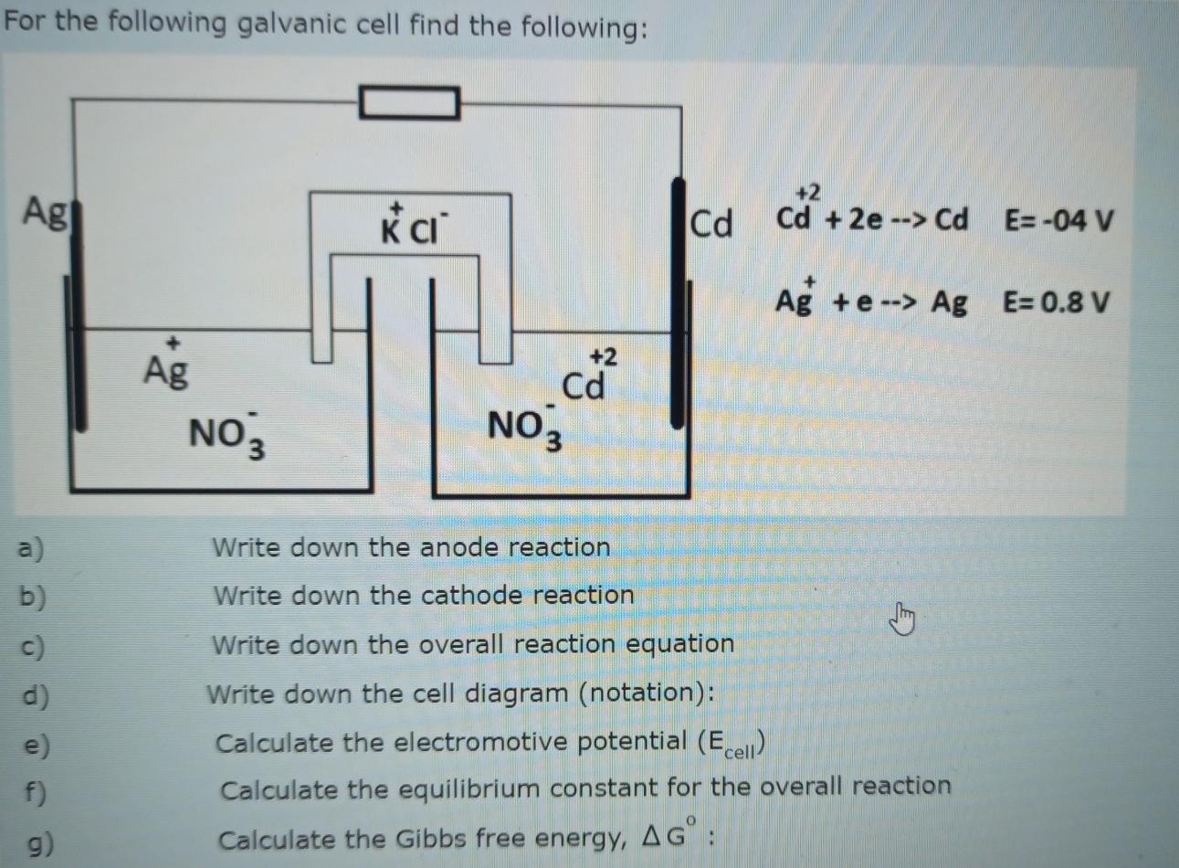 Solved For the following galvanic cell find the following: | Chegg.com