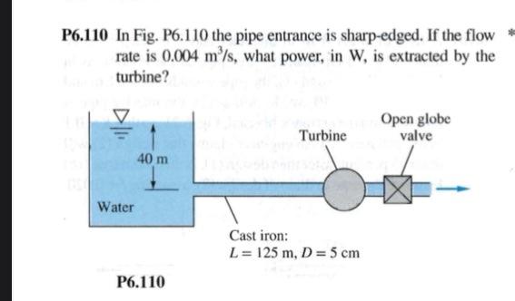 P6.110 In Fig. P6.110 the pipe entrance is sharp-edged. If the flow rate is \( 0.004 \mathrm{~m}^{3} / \mathrm{s} \), what po