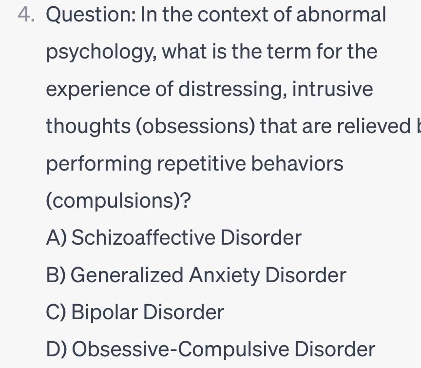 Solved 4. Question: In The Context Of Abnormal Psychology, | Chegg.com