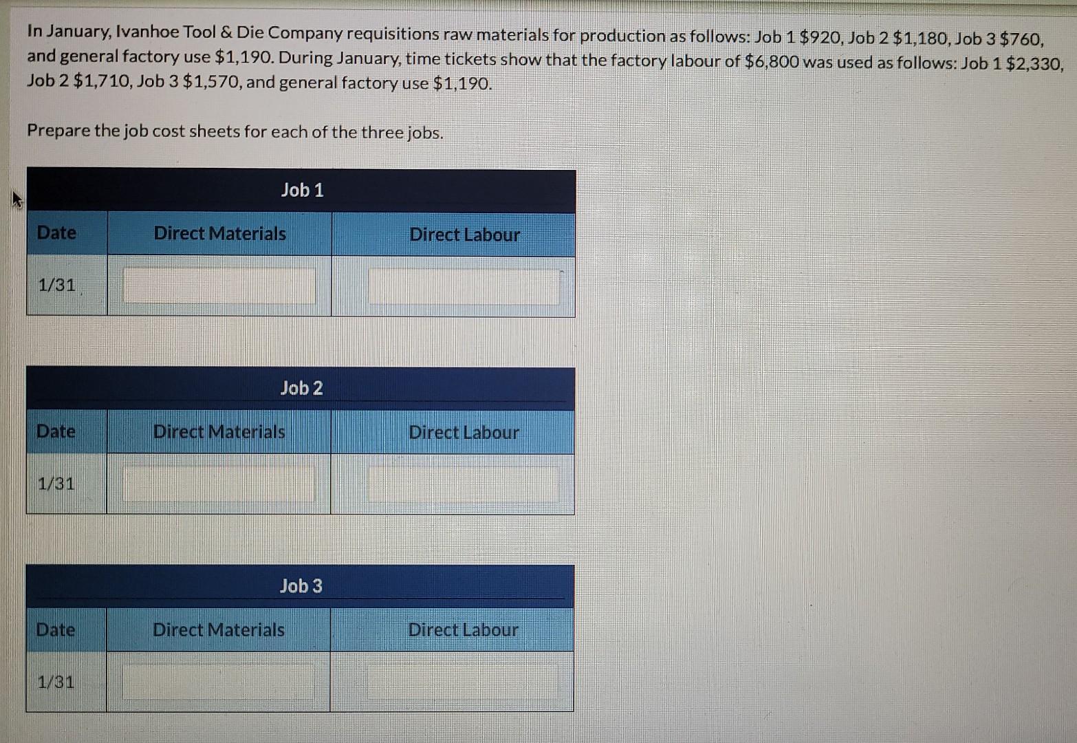 Solved In January, Ivanhoe Tool \& Die Company requisitions