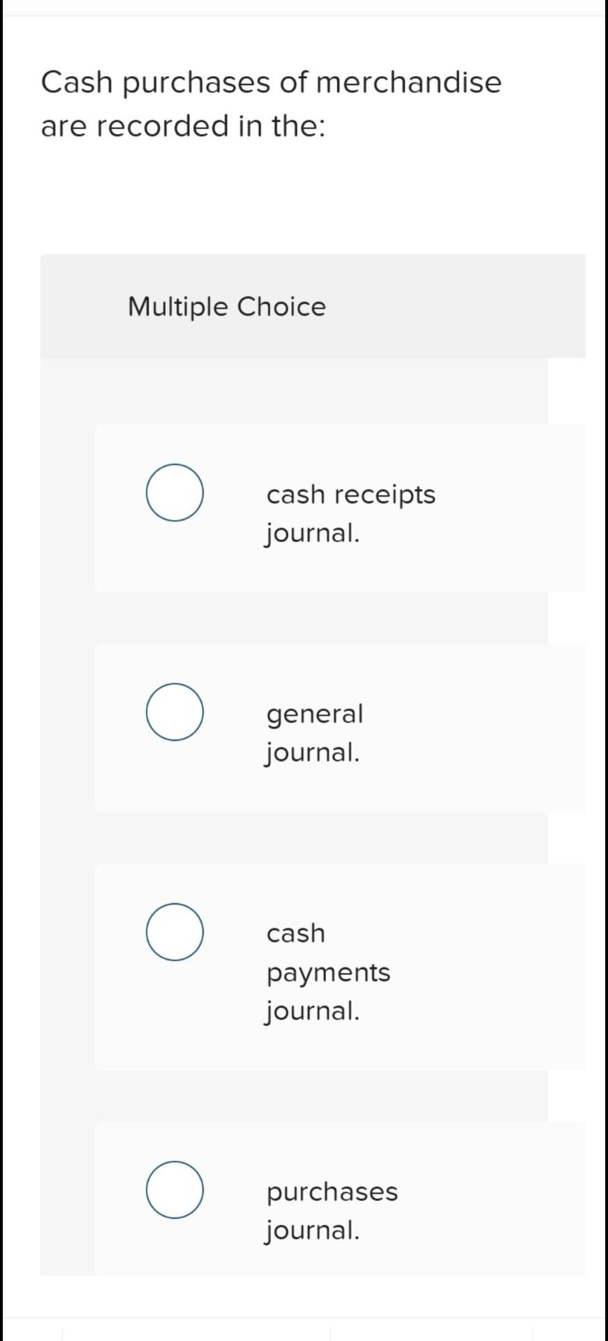 Solved Cash purchases of merchandise are recorded in the: | Chegg.com