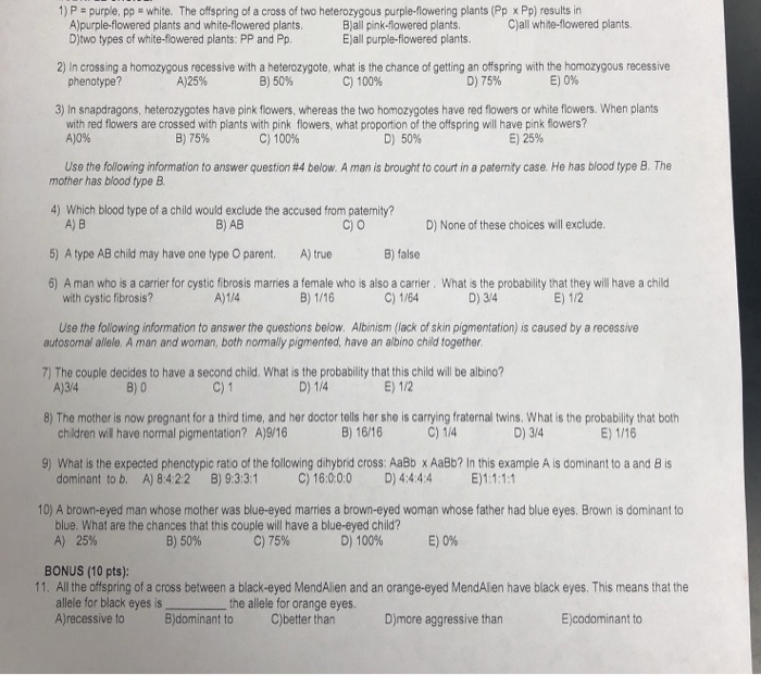 Solved 1) P = purple, pp white. The offspring of a cross