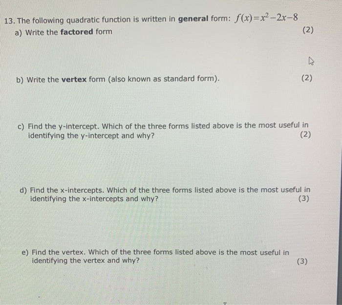 Solved 13 The Following Quadratic Function Is Written In Chegg Com