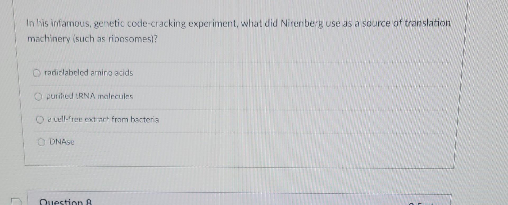 In his infamous, genetic code-cracking experiment, what did Nirenberg use as a source of translation machinery (such as ribos
