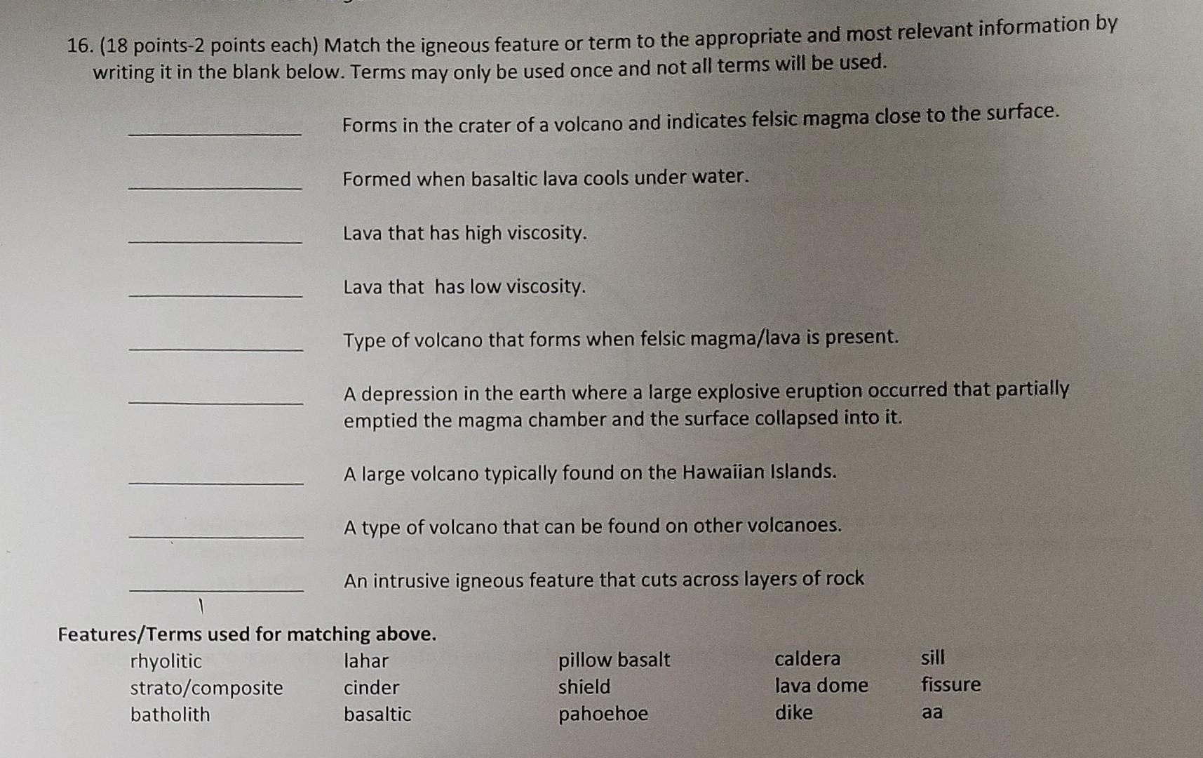 Solved 16. (18 points-2 points each) Match the igneous | Chegg.com