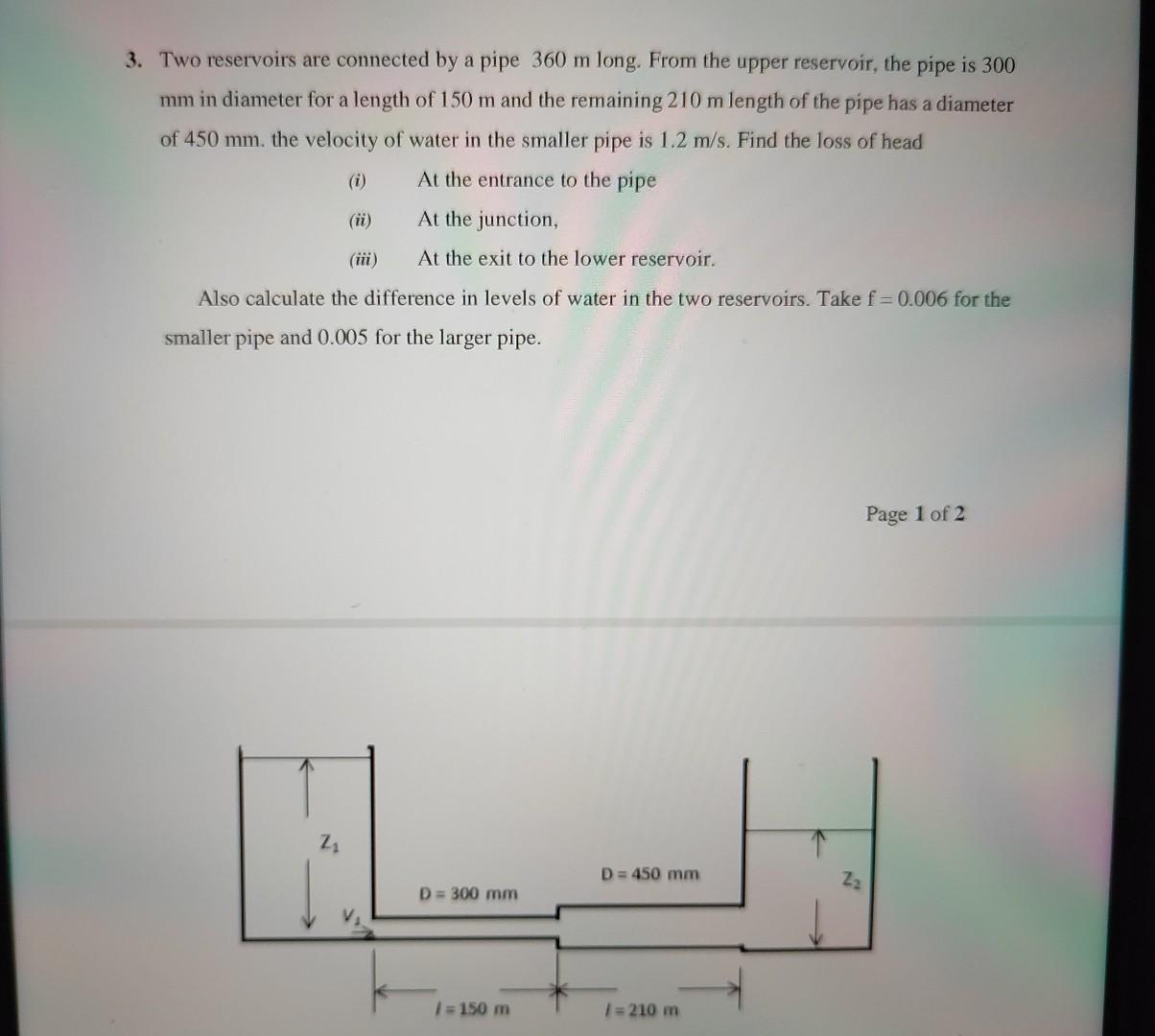 Solved 3. Two reservoirs are connected by a pipe 360 m long. | Chegg.com