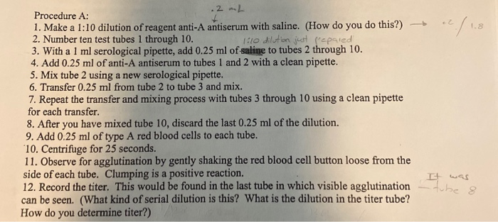 Solved 1.81 . 2mL Procedure A: 1. Make a 1:10 dilution of | Chegg.com