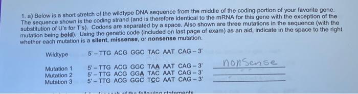 Solved 1. a) Below is a short stretch of the wildtype DNA | Chegg.com
