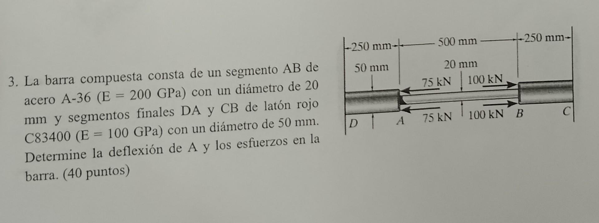 3. La barra compuesta consta de un segmento \( A B \) de acero A-36 \( (\mathrm{E}=200 \mathrm{GPa}) \) con un diámetro de 20