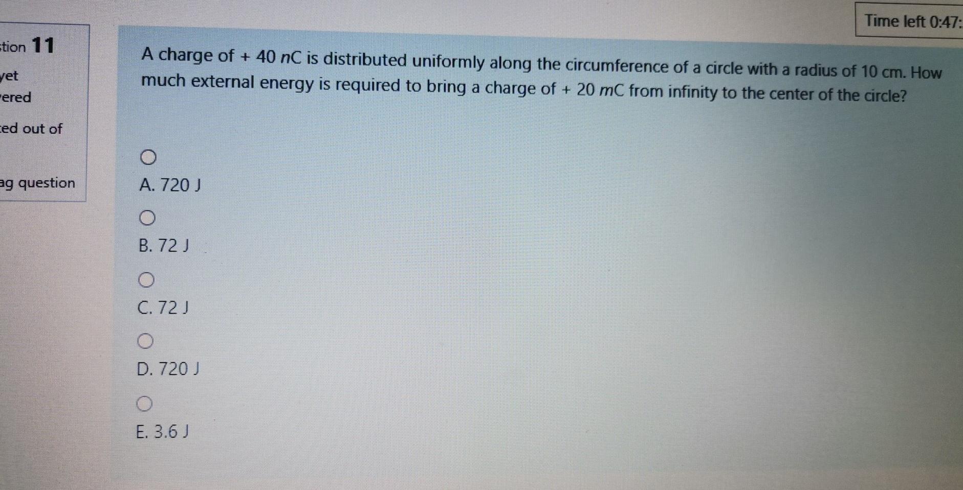 Solved Time left 0:47: stion 11 A charge of + 40 nC is | Chegg.com