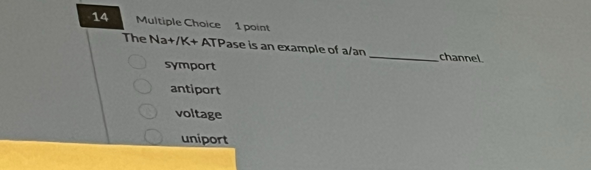 Multiple Choice 1 ﻿pointThe Na+K+ ﻿ATPase is an | Chegg.com