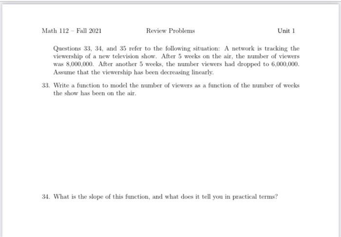 Solved Math 112 - Fall 2021 Review Problems Unit 1 Questions | Chegg.com