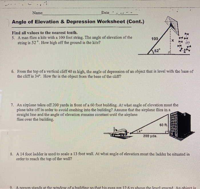 angle of elevation and depression trig worksheet Angles of elevation