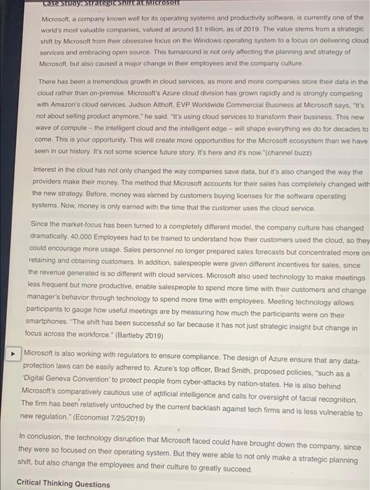 Solved Case study estrategies and MICROSO Microsoft, a | Chegg.com