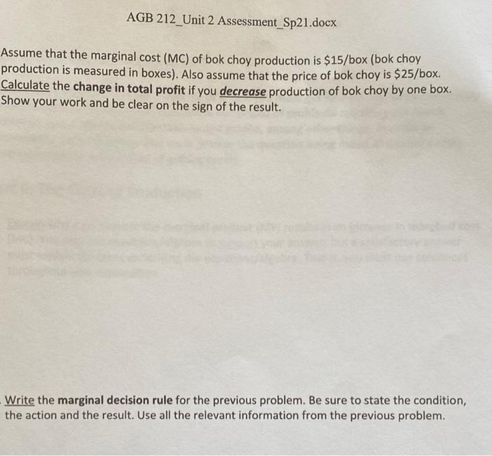 Solved AGB 212_Unit 2 Assessment_Sp21.docx Assume That The | Chegg.com