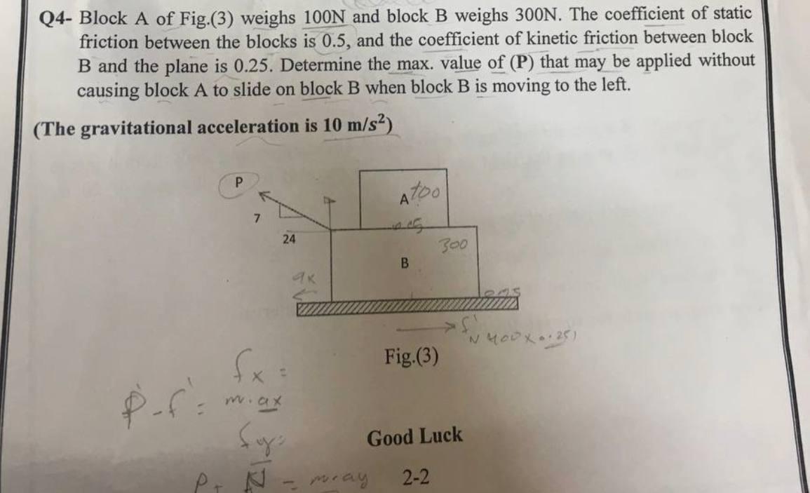 Solved Q4- Block A Of Fig (3) Weighs 100N And Block B Weighs | Chegg.com