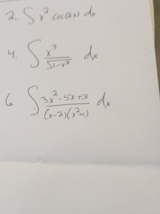 \( \begin{array}{l}\frac{x^{3}}{\sqrt{1-x^{2}}} d x \\ \frac{3 x^{2}-5 x+3}{(x-2)\left(x^{2}+1\right)} d x\end{array} \)